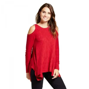 Knox Rose Women's Cold Shoulder Sharkbite Pullover Sweater Red Small