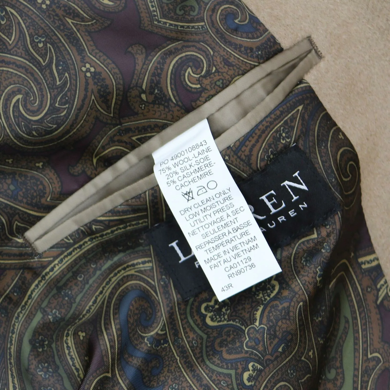 Lauren Ralph Lauren Luxury Wool Cashmere Blend Classic Fit Sport Coat Brown 43R