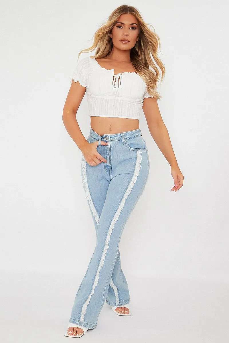 Light Blue Frayed Seam Flare Jeans - Ava