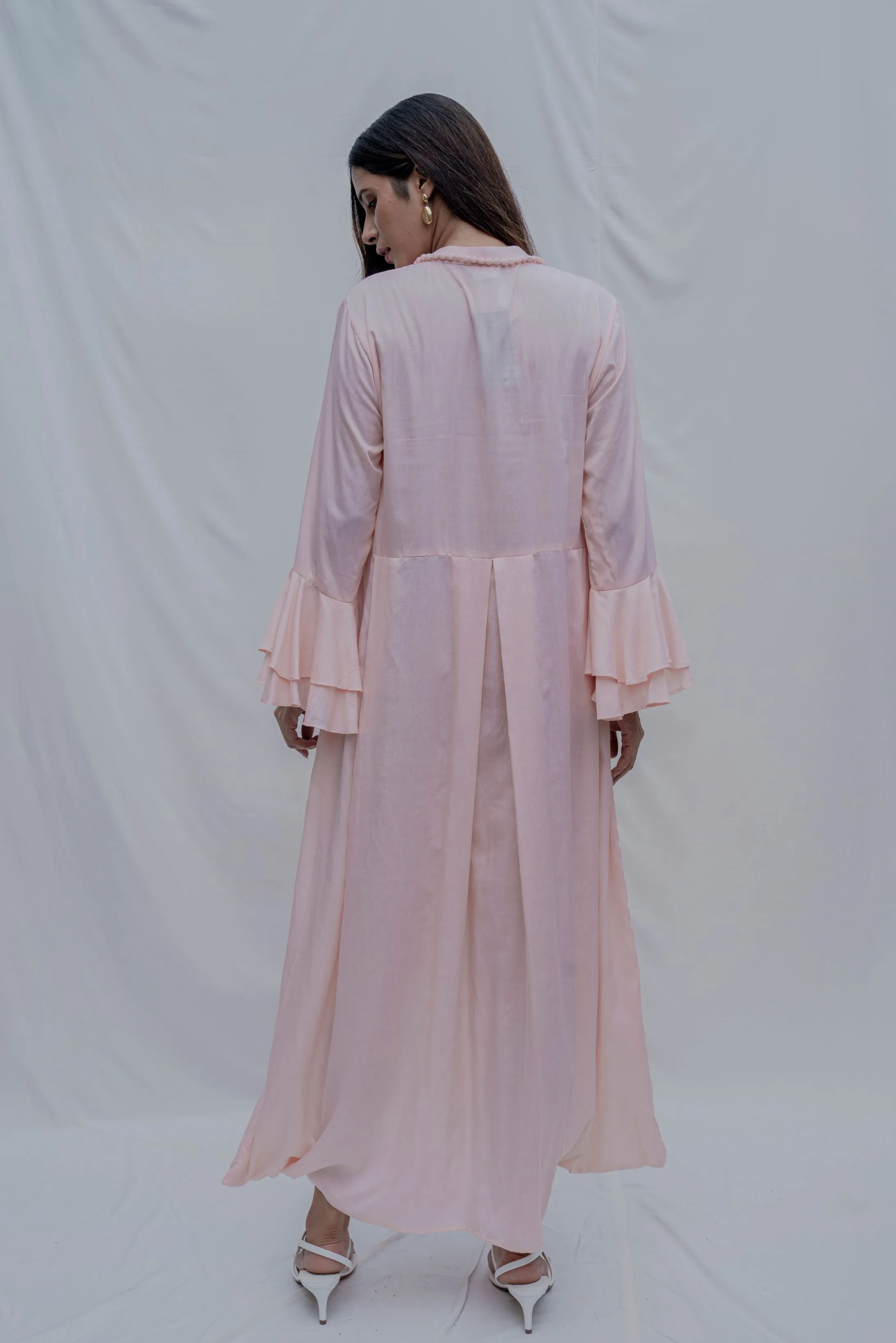 Light Pink Front Pleated Dress with Bell Sleeves & Necklace