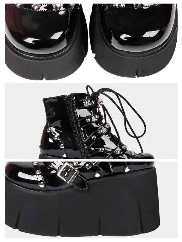 Lolita Boots PU Leather Round Toe Wedge Heel Harajuku Fashion Black Lolita Footwear