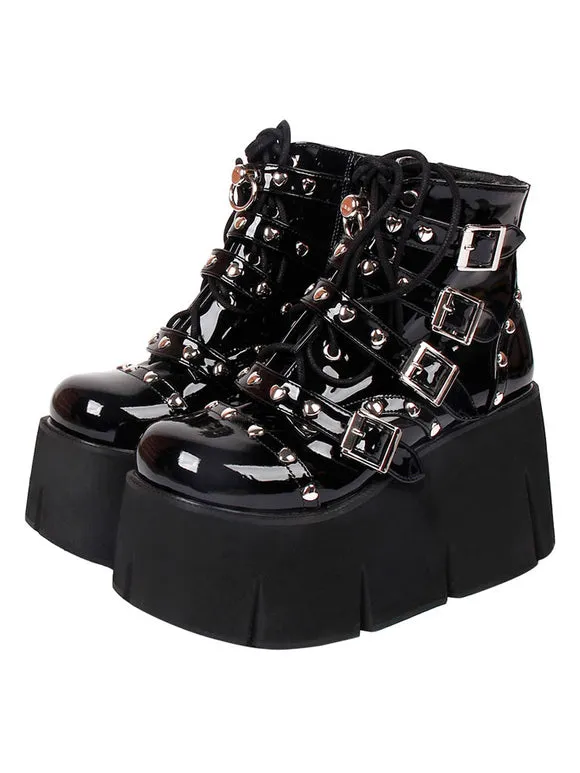 Lolita Boots PU Leather Round Toe Wedge Heel Harajuku Fashion Black Lolita Footwear