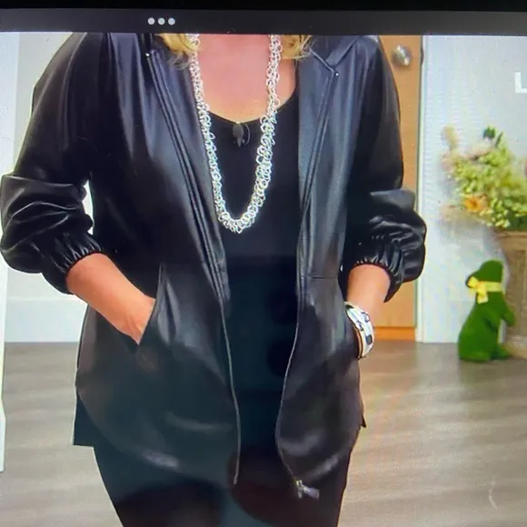 MarlaWynne Faux Leather Jacket Hood Pockets Black Size Large