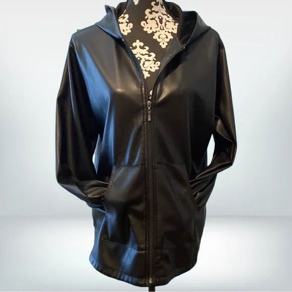 MarlaWynne Faux Leather Jacket Hood Pockets Black Size Large