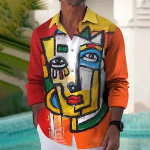 Men's Face Art Print Stretch Long Sleeve Shirt