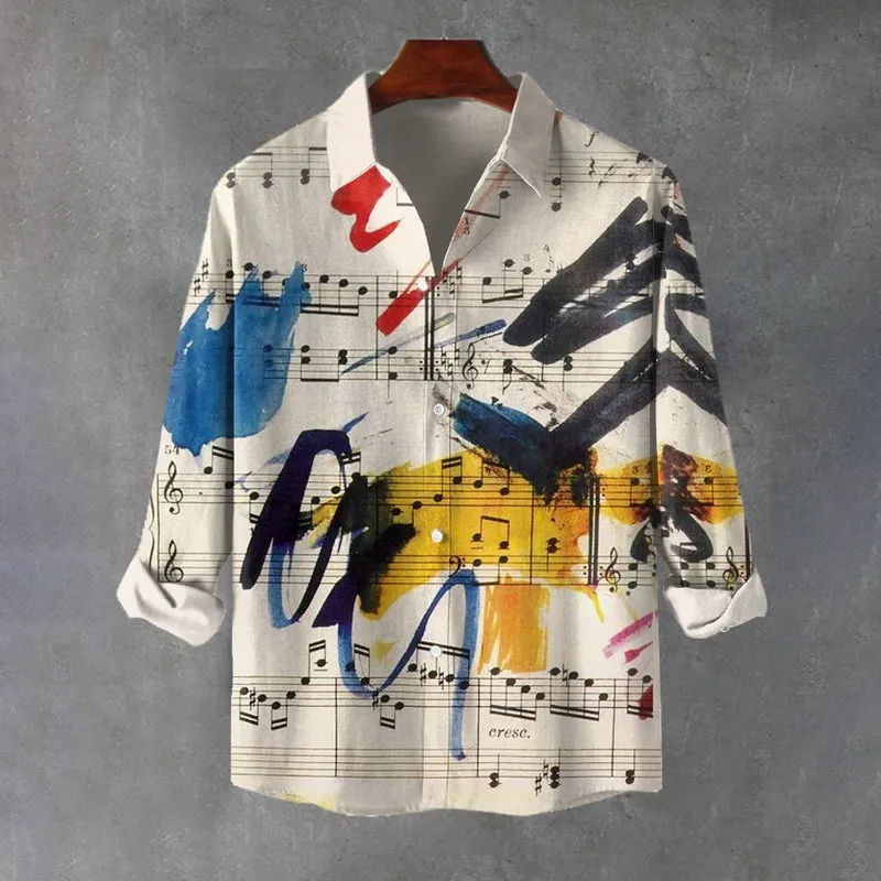 Men's Music Note Graffiti Contrast Color Print Long Sleeve Shirt