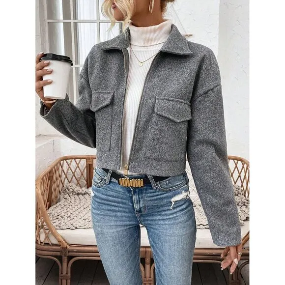 minimalist trucker jacket charcoal gray wool like texture zip up