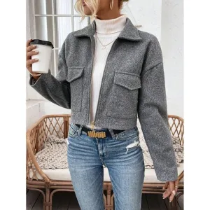 minimalist trucker jacket charcoal gray wool like texture zip up