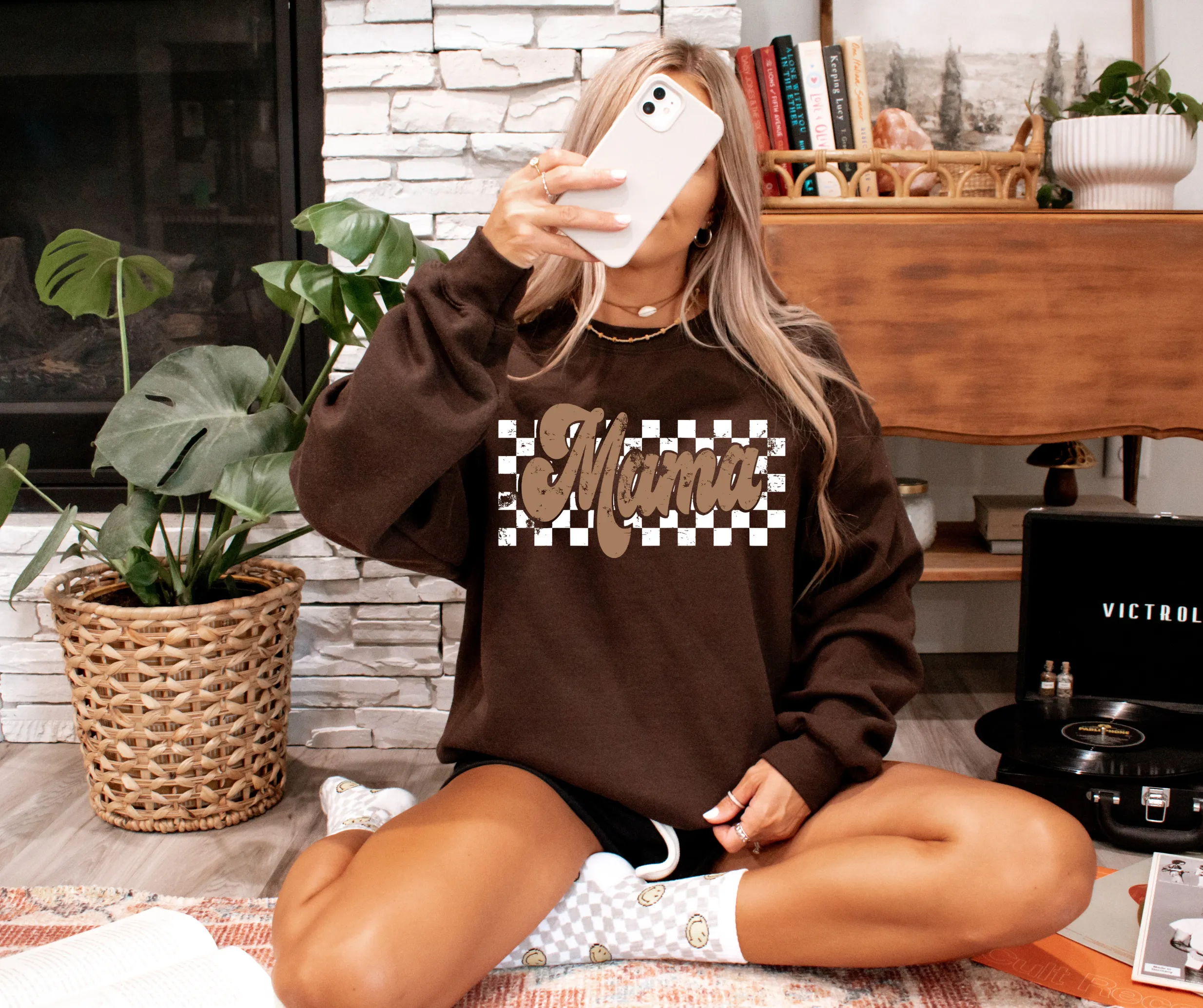 Natural Checkered Mama Dark Chocolate Sweatshirt