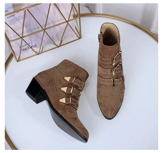 New Ankle Boots Women Round Toe Rivet Flower Boots Susanna Studded Genuine Leather Luxury Brand Velvet Boots Zapatos Mujer