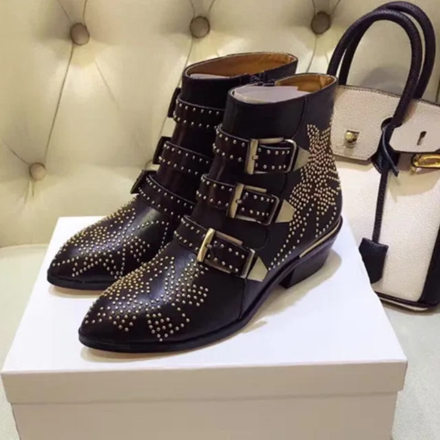 New Ankle Boots Women Round Toe Rivet Flower Boots Susanna Studded Genuine Leather Luxury Brand Velvet Boots Zapatos Mujer