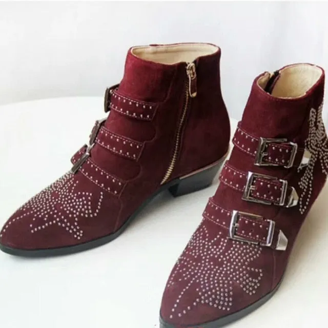 New Ankle Boots Women Round Toe Rivet Flower Boots Susanna Studded Genuine Leather Luxury Brand Velvet Boots Zapatos Mujer