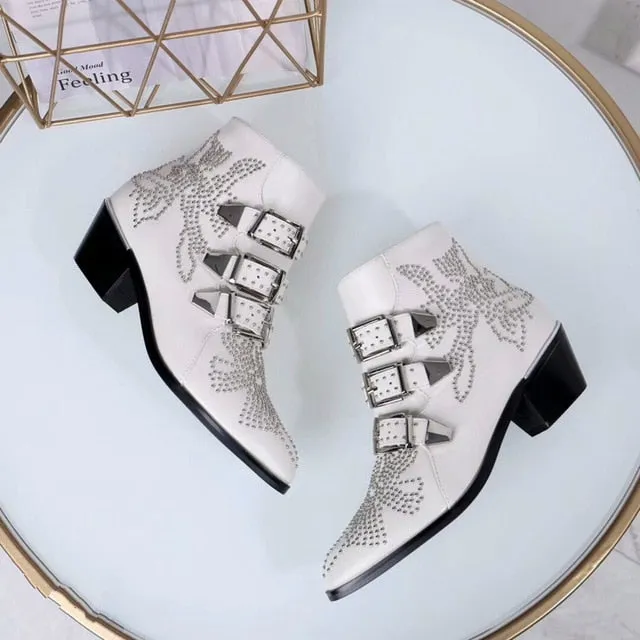 New Ankle Boots Women Round Toe Rivet Flower Boots Susanna Studded Genuine Leather Luxury Brand Velvet Boots Zapatos Mujer