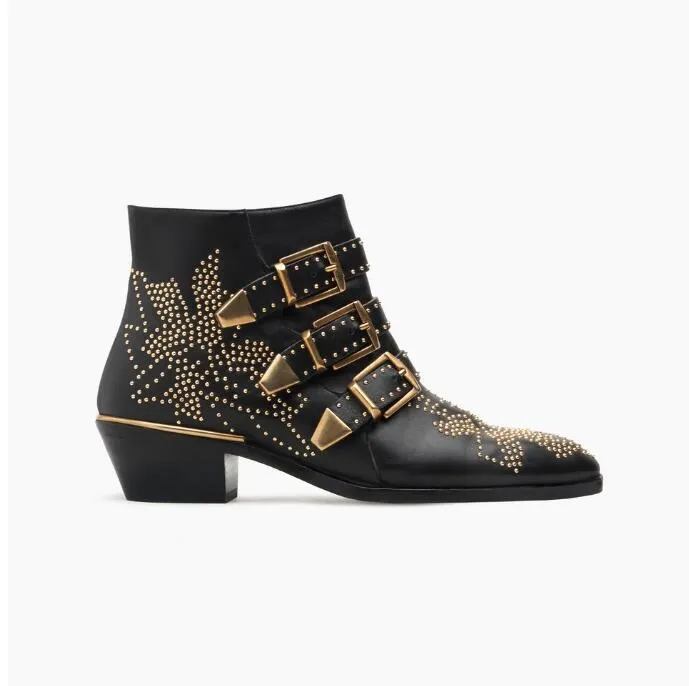 New Ankle Boots Women Round Toe Rivet Flower Boots Susanna Studded Genuine Leather Luxury Brand Velvet Boots Zapatos Mujer