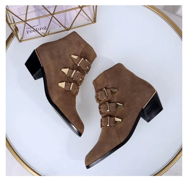New Ankle Boots Women Round Toe Rivet Flower Boots Susanna Studded Genuine Leather Luxury Brand Velvet Boots Zapatos Mujer