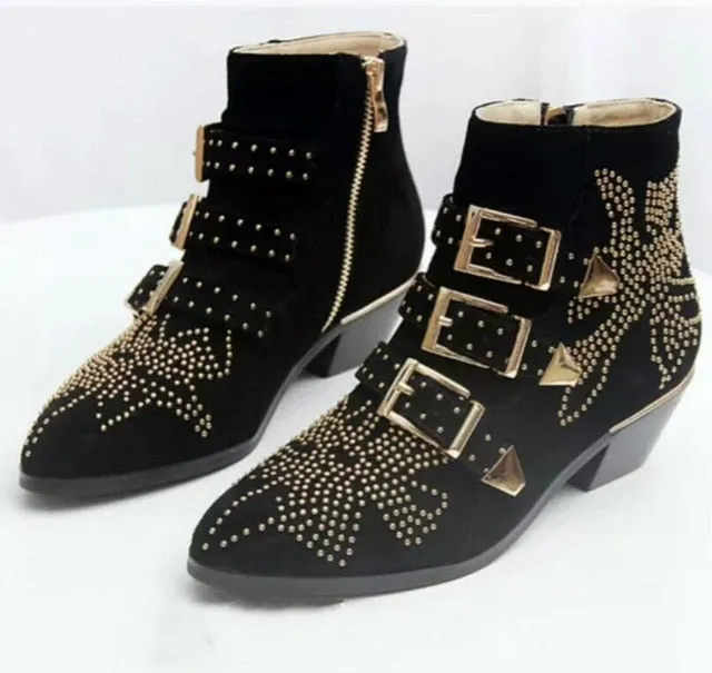 New Ankle Boots Women Round Toe Rivet Flower Boots Susanna Studded Genuine Leather Luxury Brand Velvet Boots Zapatos Mujer