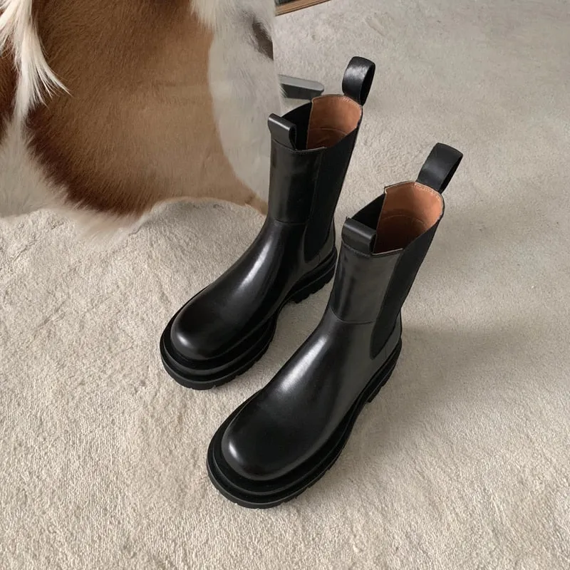 New Arrival Elastic Band Leather Boots Round Toe Flat Chunky Sole Knight Boots Winter Brand Shoes Women Chelsea Boots