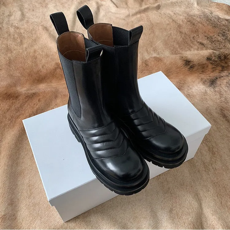 New Arrival Elastic Band Leather Boots Round Toe Flat Chunky Sole Knight Boots Winter Brand Shoes Women Chelsea Boots