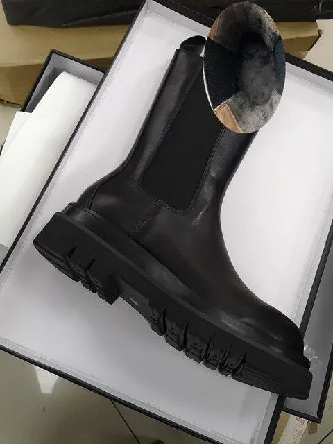 New Arrival Elastic Band Leather Boots Round Toe Flat Chunky Sole Knight Boots Winter Brand Shoes Women Chelsea Boots