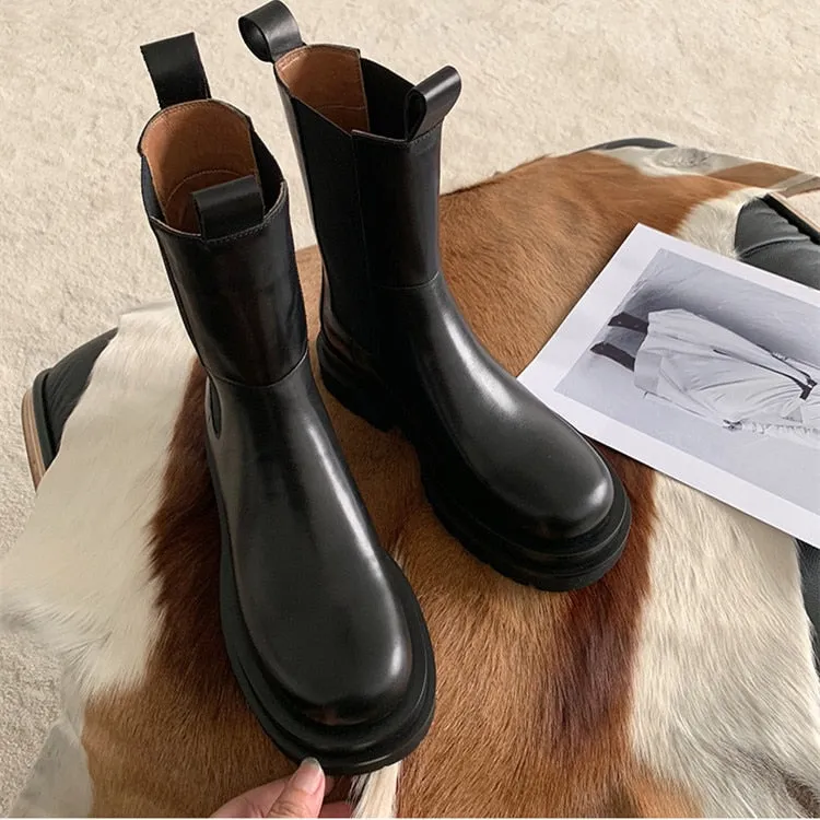 New Arrival Elastic Band Leather Boots Round Toe Flat Chunky Sole Knight Boots Winter Brand Shoes Women Chelsea Boots