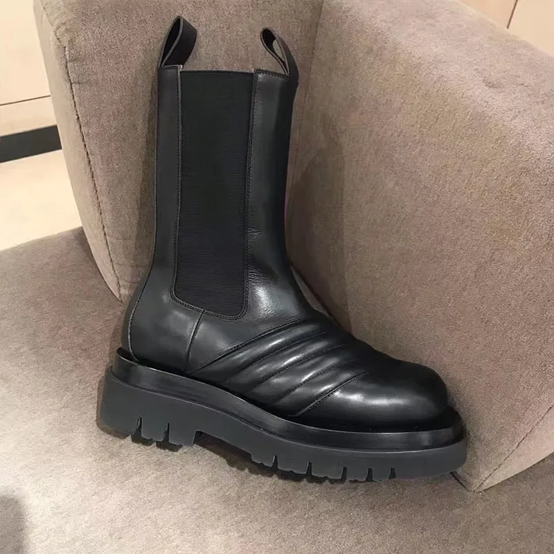 New Arrival Elastic Band Leather Boots Round Toe Flat Chunky Sole Knight Boots Winter Brand Shoes Women Chelsea Boots