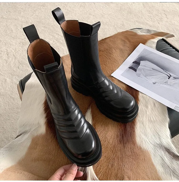 New Arrival Elastic Band Leather Boots Round Toe Flat Chunky Sole Knight Boots Winter Brand Shoes Women Chelsea Boots