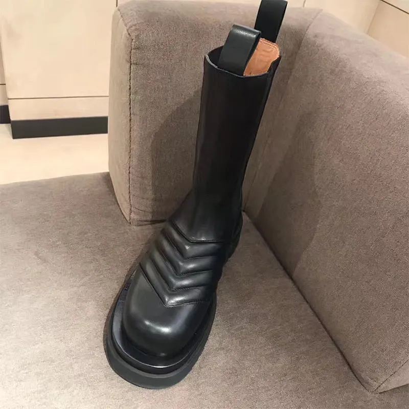New Arrival Elastic Band Leather Boots Round Toe Flat Chunky Sole Knight Boots Winter Brand Shoes Women Chelsea Boots