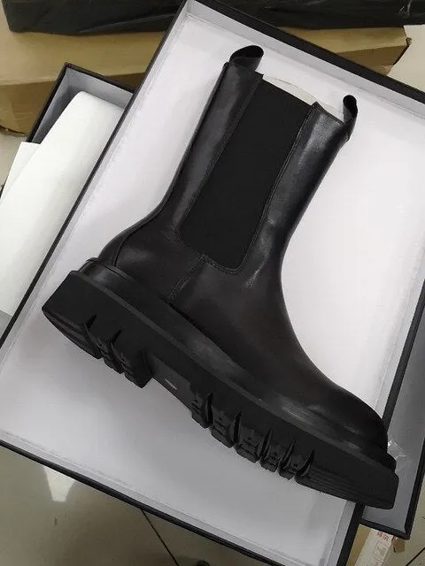New Arrival Elastic Band Leather Boots Round Toe Flat Chunky Sole Knight Boots Winter Brand Shoes Women Chelsea Boots