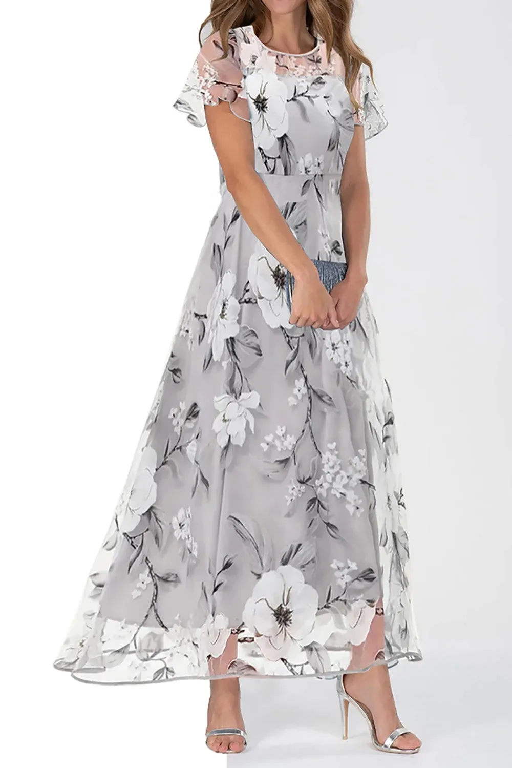 NEW Retails $130 Round Neck Short Sleeve Back Zipper Vacation Maxi Dress Floral Black White & Grey, Sz L