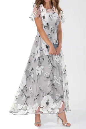 NEW Retails $130 Round Neck Short Sleeve Back Zipper Vacation Maxi Dress Floral Black White & Grey, Sz L