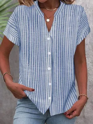 New Stand Collar Striped Loose Casual Blouse, Blue sz M fits like a S! Retails $39 