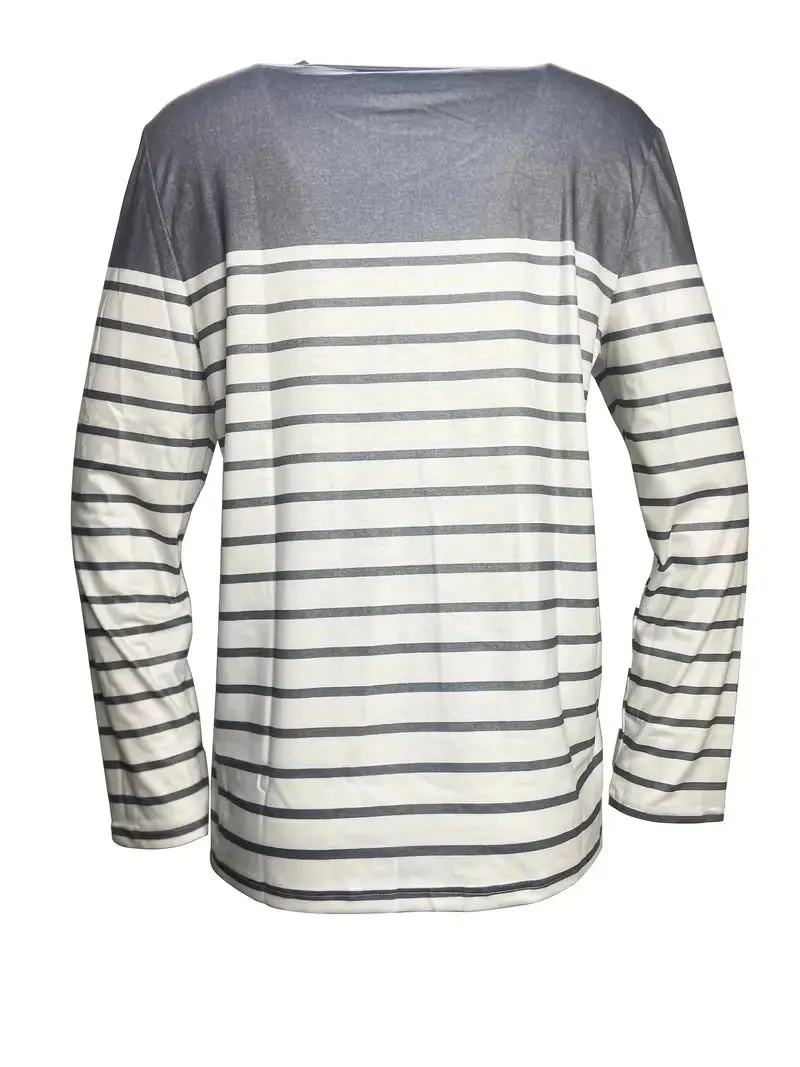 NEW Striped Crew Neck T-shirt, Casual Long Sleeve Top, Women's Clothing, Sz L