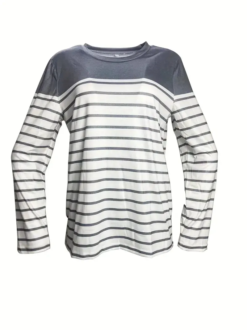 NEW Striped Crew Neck T-shirt, Casual Long Sleeve Top, Women's Clothing, Sz L