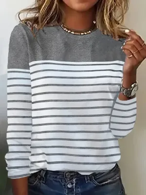 NEW Striped Crew Neck T-shirt, Casual Long Sleeve Top, Women's Clothing, Sz L