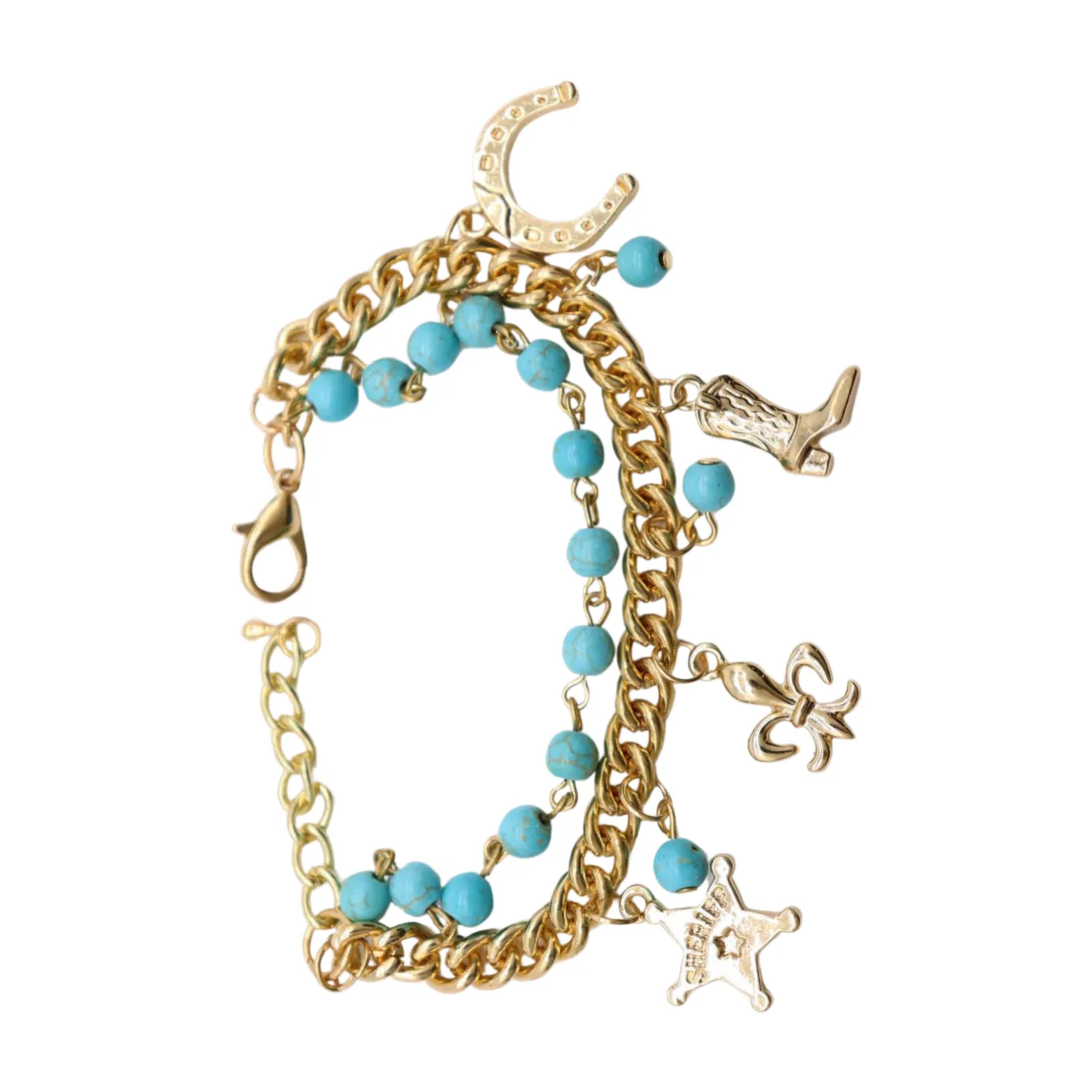 New Women Gold Metal Chain Western Bracelet Rodeo Boot Sheriff Fleur De Lis Star