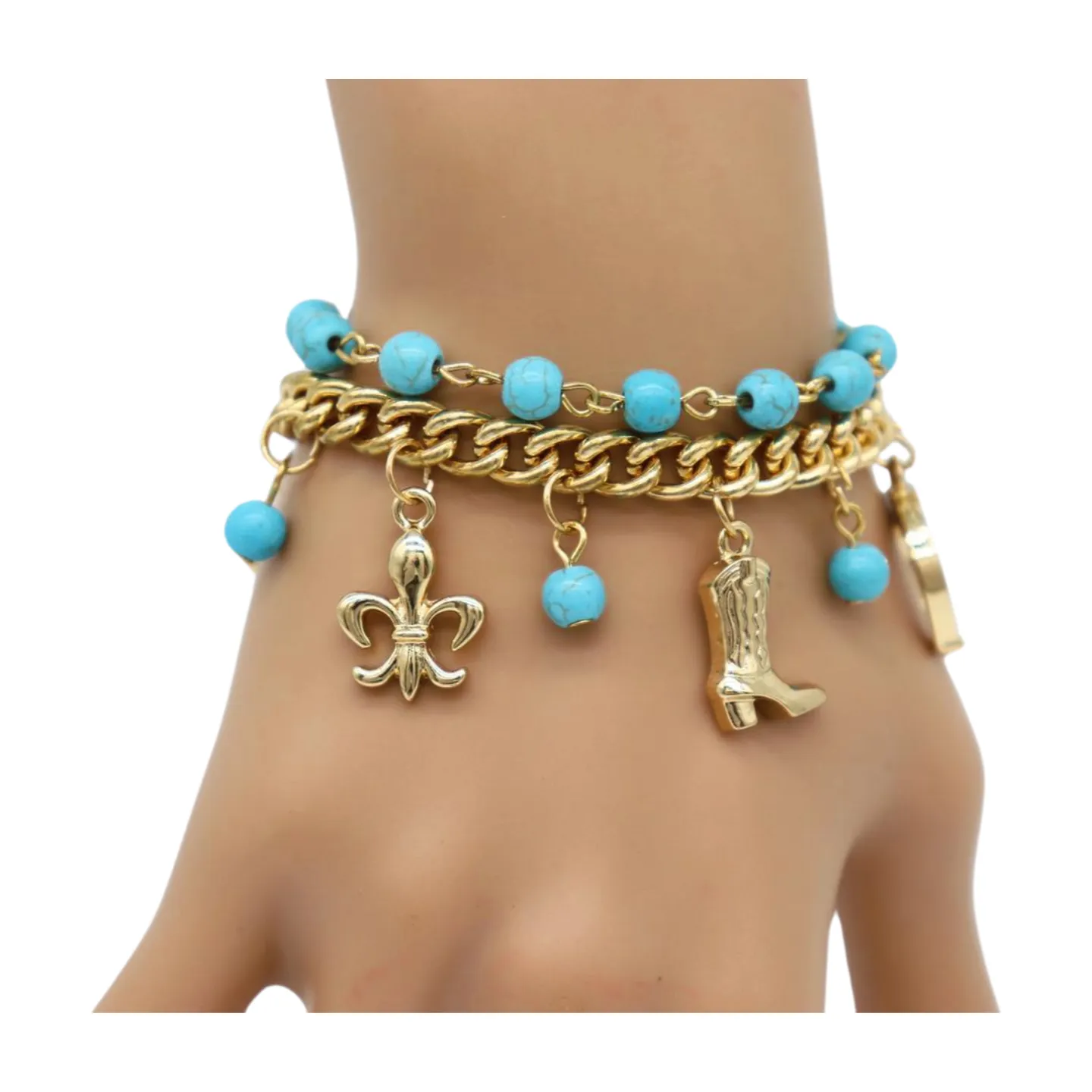 New Women Gold Metal Chain Western Bracelet Rodeo Boot Sheriff Fleur De Lis Star