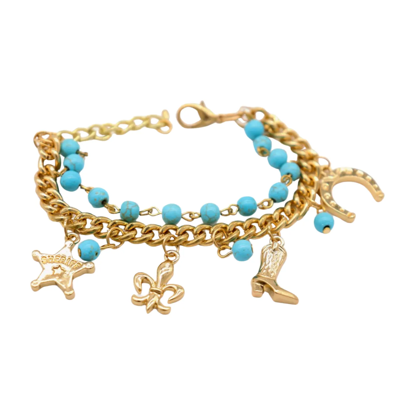 New Women Gold Metal Chain Western Bracelet Rodeo Boot Sheriff Fleur De Lis Star