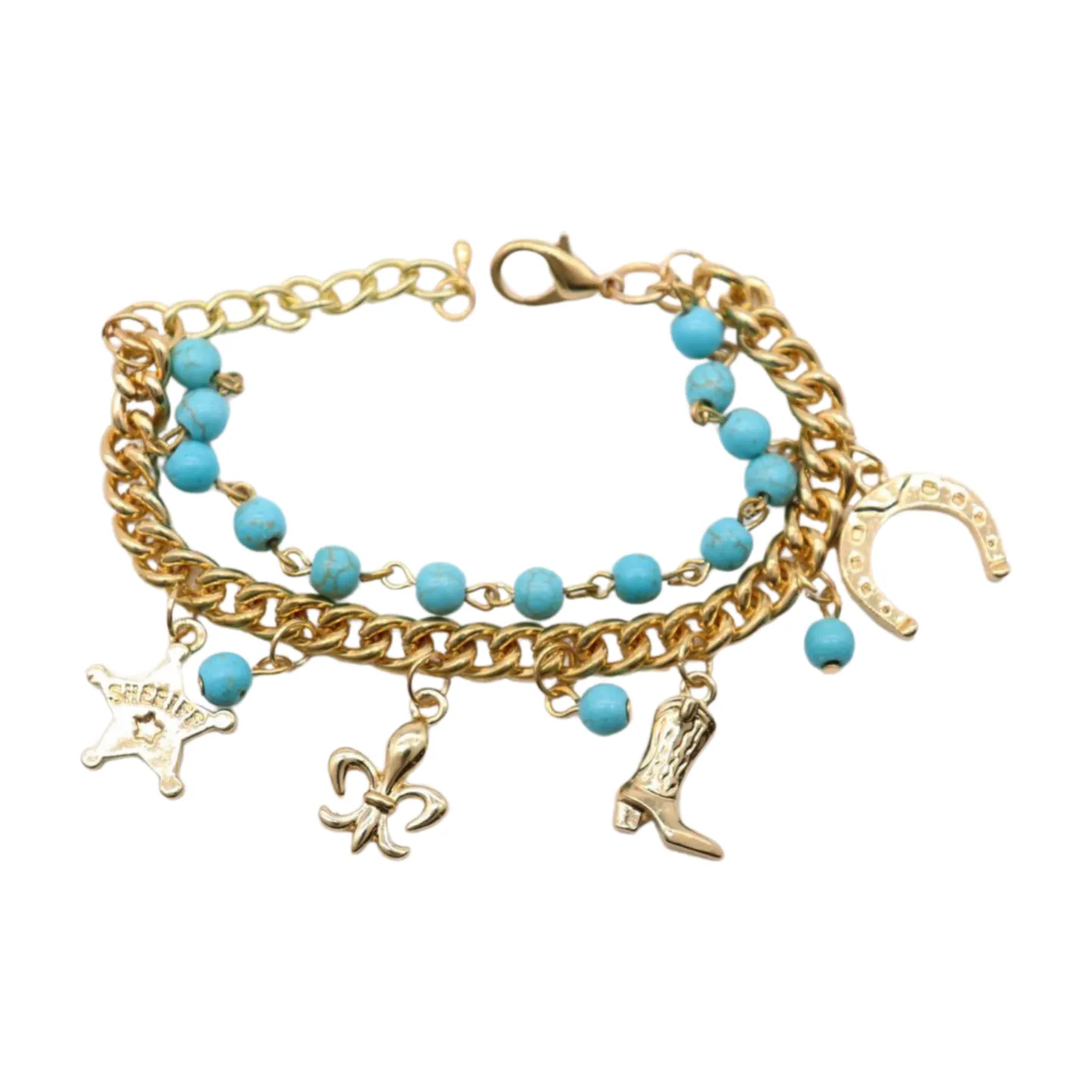 New Women Gold Metal Chain Western Bracelet Rodeo Boot Sheriff Fleur De Lis Star