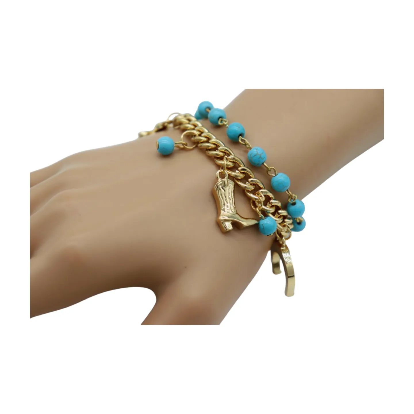 New Women Gold Metal Chain Western Bracelet Rodeo Boot Sheriff Fleur De Lis Star