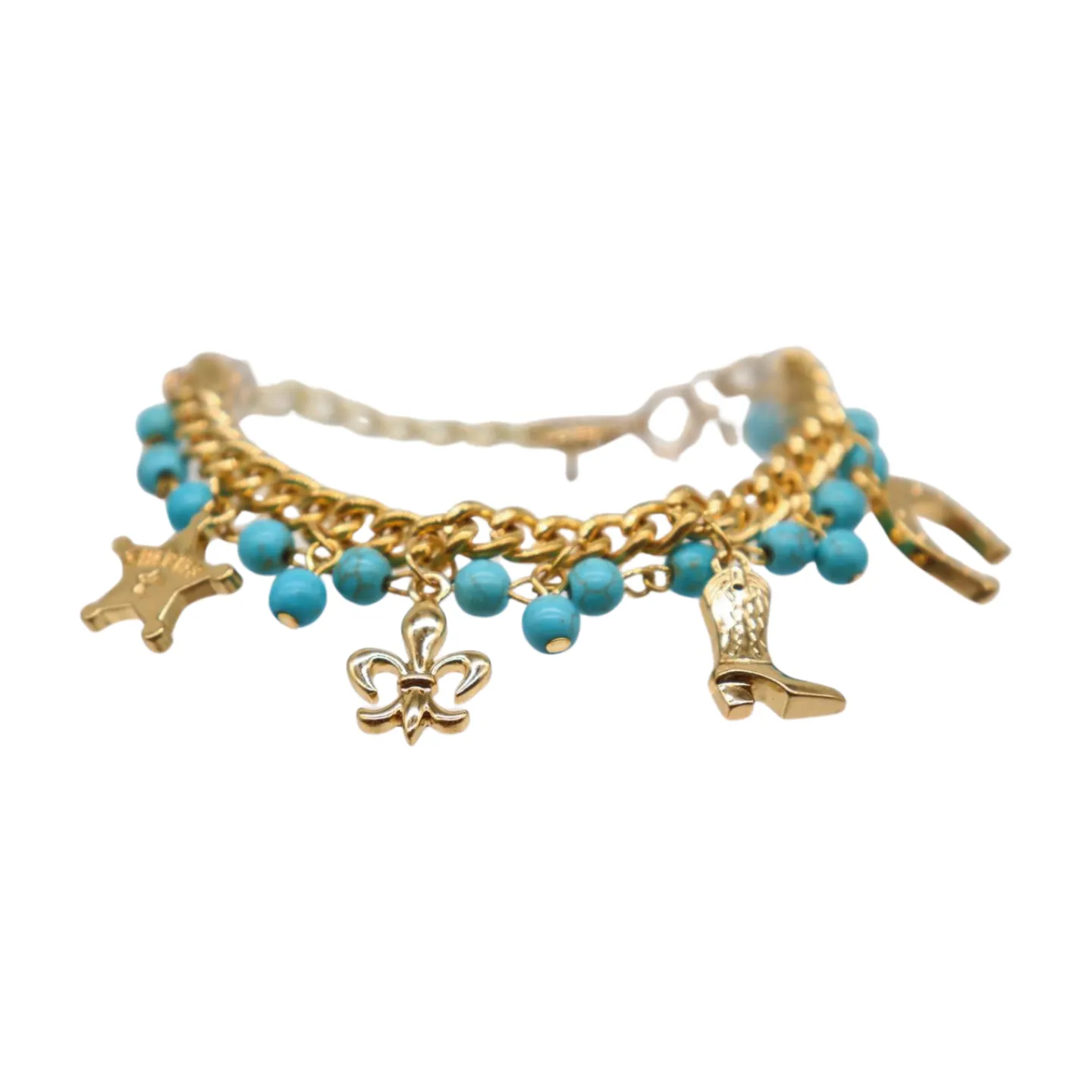 New Women Gold Metal Chain Western Bracelet Rodeo Boot Sheriff Fleur De Lis Star