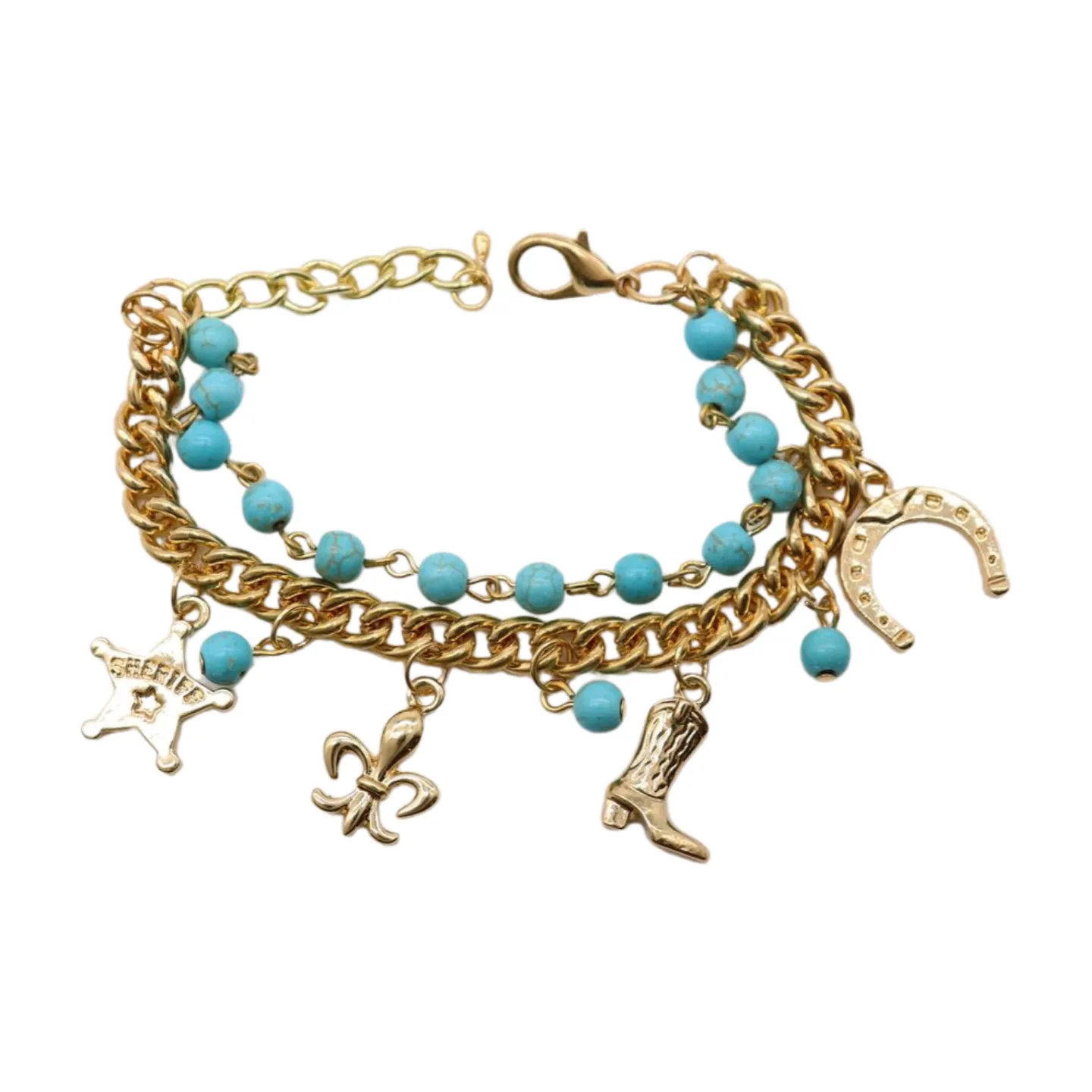 New Women Gold Metal Chain Western Bracelet Rodeo Boot Sheriff Fleur De Lis Star