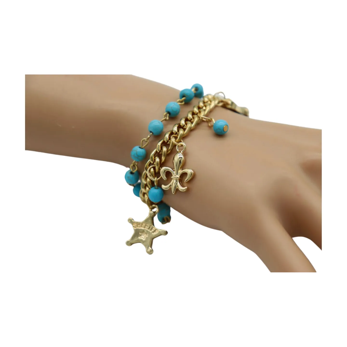 New Women Gold Metal Chain Western Bracelet Rodeo Boot Sheriff Fleur De Lis Star