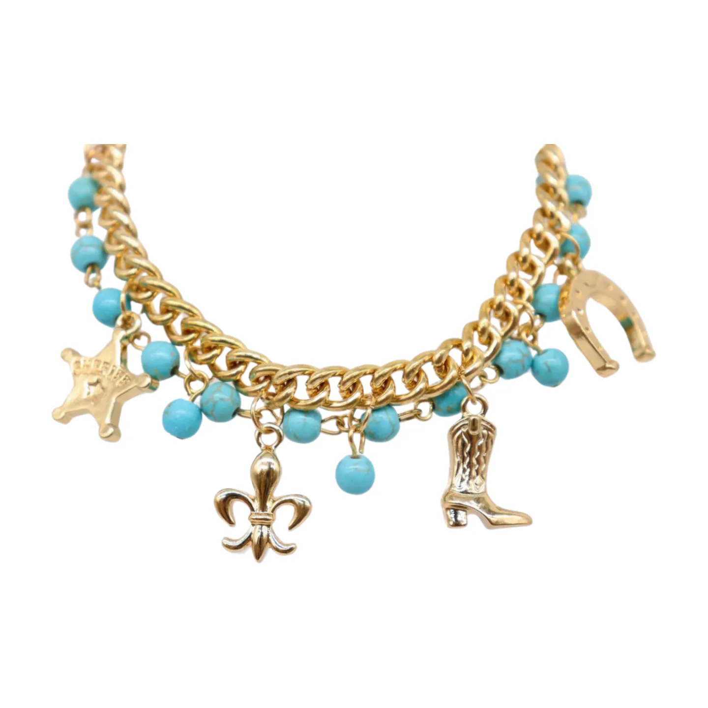 New Women Gold Metal Chain Western Bracelet Rodeo Boot Sheriff Fleur De Lis Star