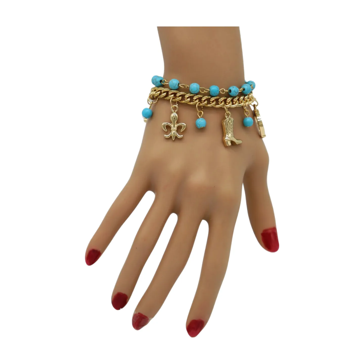 New Women Gold Metal Chain Western Bracelet Rodeo Boot Sheriff Fleur De Lis Star
