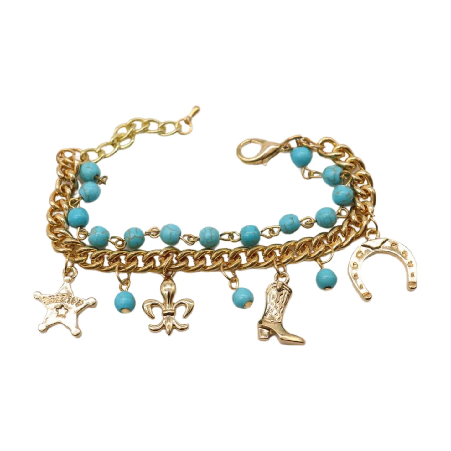 New Women Gold Metal Chain Western Bracelet Rodeo Boot Sheriff Fleur De Lis Star