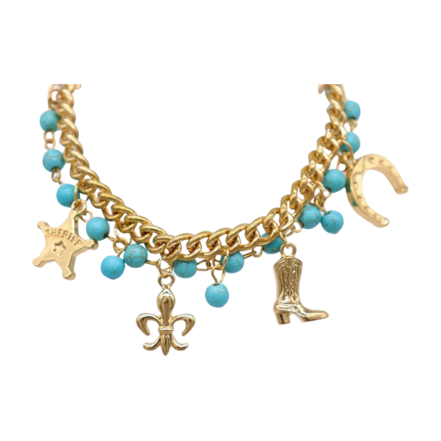 New Women Gold Metal Chain Western Bracelet Rodeo Boot Sheriff Fleur De Lis Star