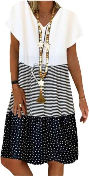 NEW Women Loose Vintage Stripe Befree Dress Large Big Printed Patchwork Summer Casual Party Beach Dresses - Color: Clear - Size M