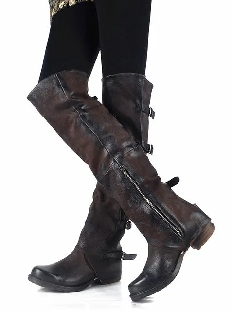 New Women Over The Knee Boots Vinatge Winter Riding Boots Flat Shoes Woman Platform Botas Zipper Buckle Boot