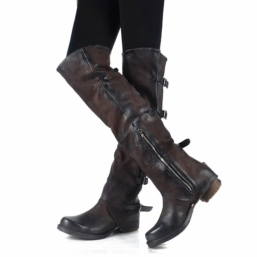 New Women Over The Knee Boots Vinatge Winter Riding Boots Flat Shoes Woman Platform Botas Zipper Buckle Boot