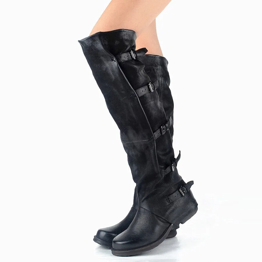New Women Over The Knee Boots Vinatge Winter Riding Boots Flat Shoes Woman Platform Botas Zipper Buckle Boot